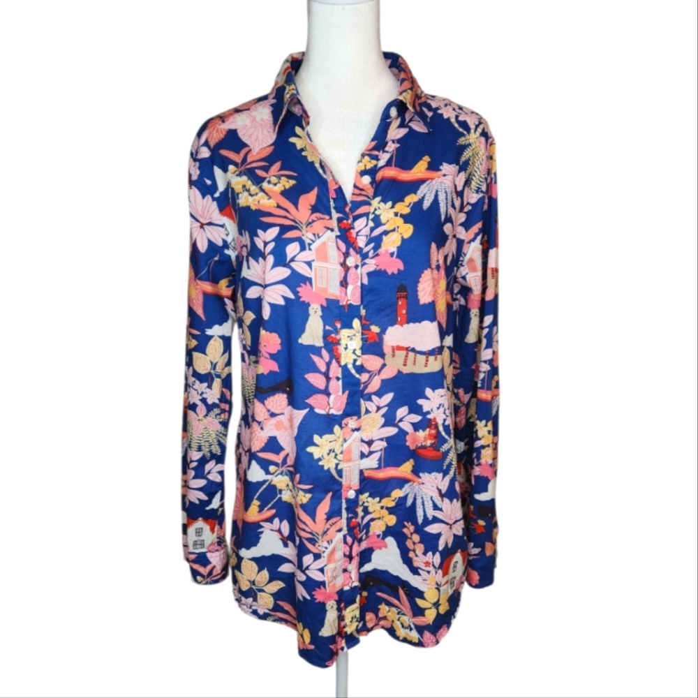 J McLaughlin Lois Shirt Along The Coast Button Front Dogs Whales Lighthouses M